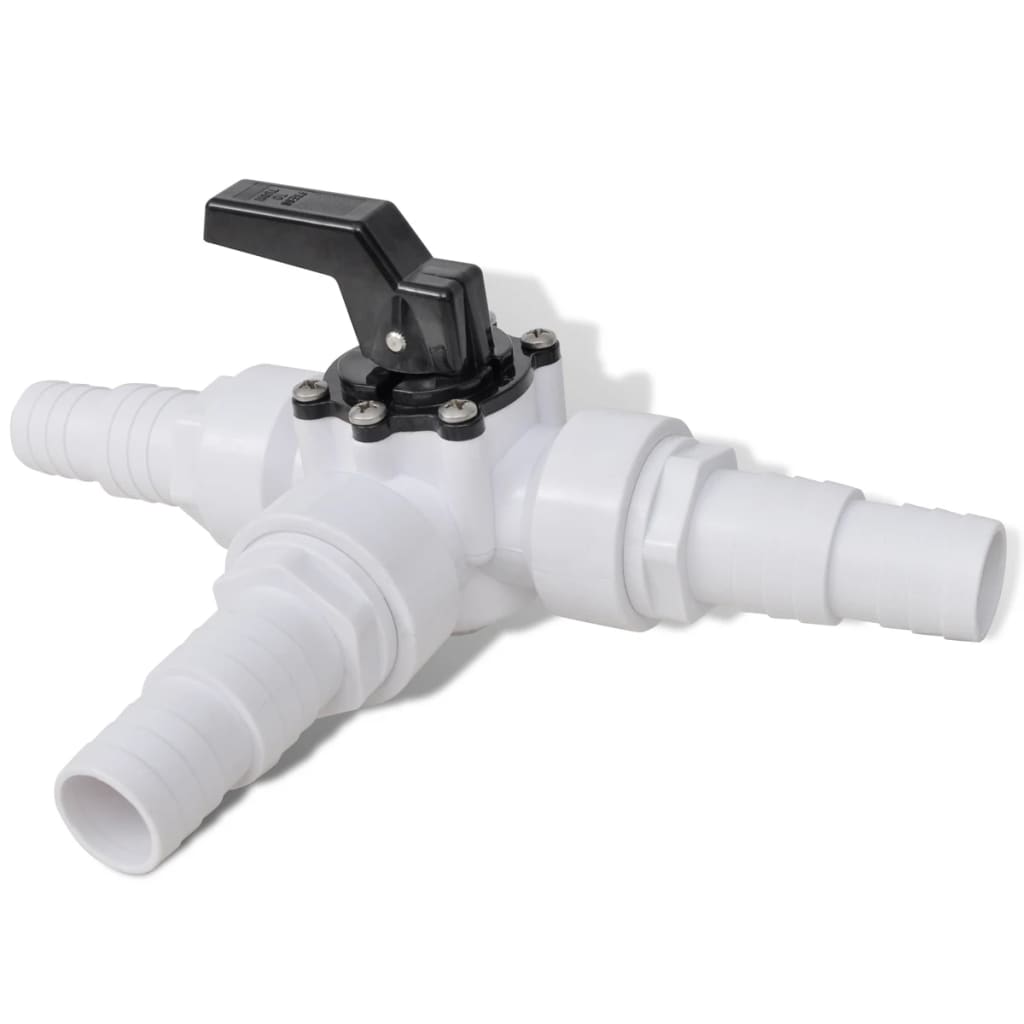 White plastic 3-way valve bypass kit for solar pool heater with hose barbs and black handle.