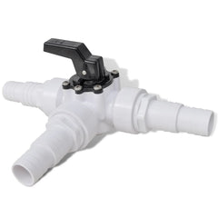 White plastic 3-way valve bypass kit for solar pool heater with hose barbs and black handle.