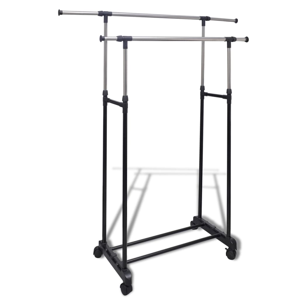 Adjustable stainless steel clothes rack with two rails, four castors, and black base.