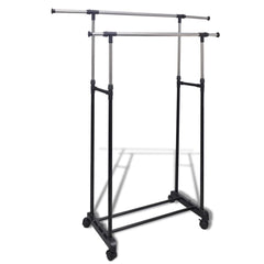 Adjustable stainless steel clothes rack with two rails, four castors, and black base.