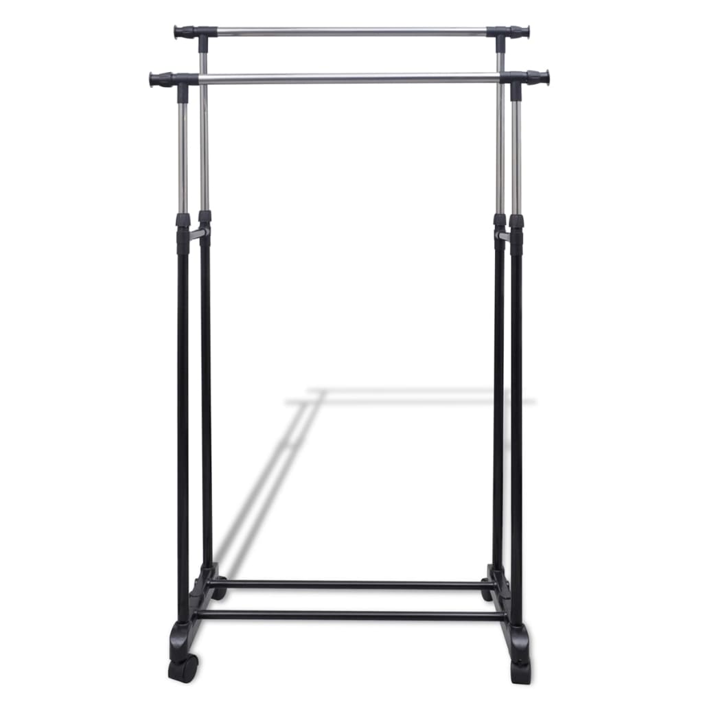 Adjustable stainless steel clothes rack with two rails and four castors for easy mobility.