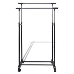 Adjustable stainless steel clothes rack with two rails and four castors for easy mobility.