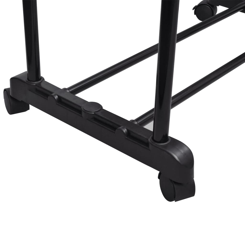 Adjustable stainless steel clothes rack with 4 castors and 2 rails.