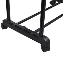 Adjustable stainless steel clothes rack with 4 castors and 2 rails.