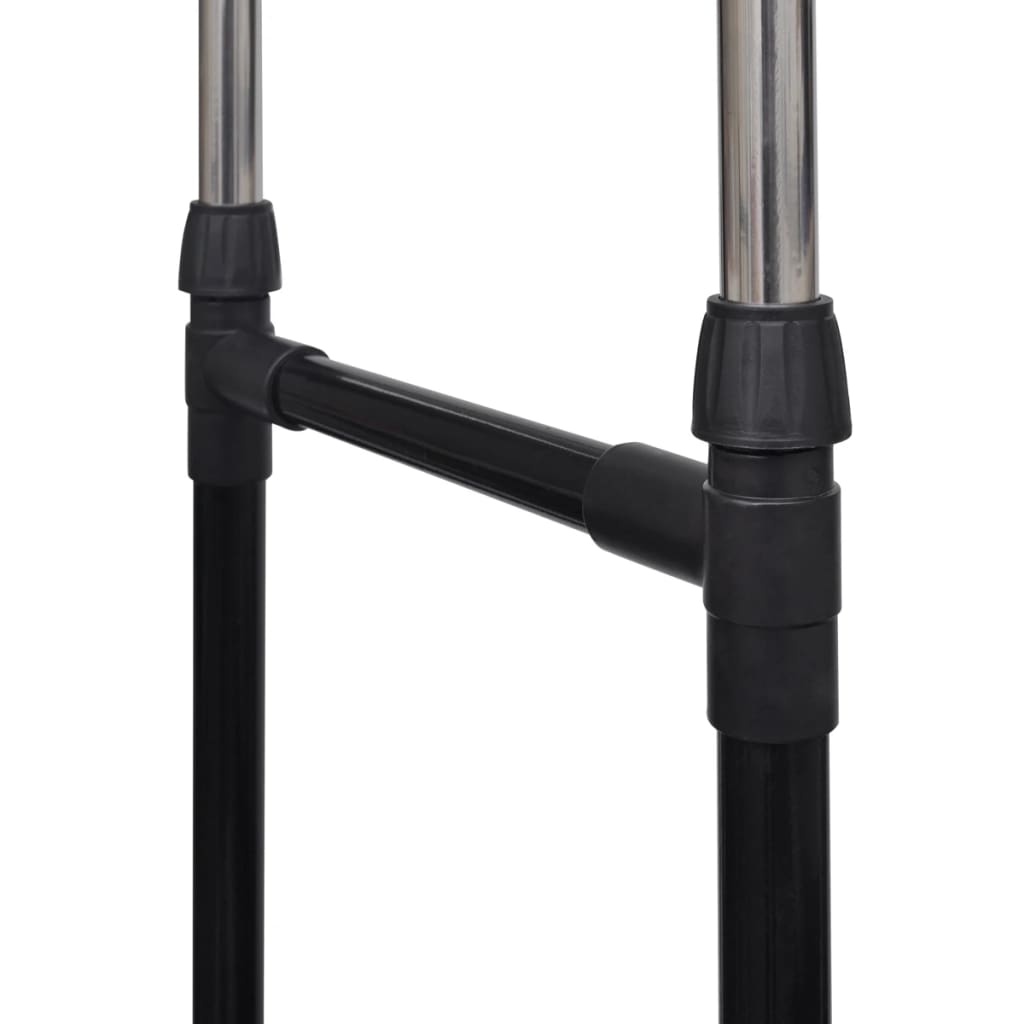 Adjustable stainless steel clothes rack with two rails and four castors.