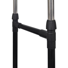 Adjustable stainless steel clothes rack with two rails and four castors.