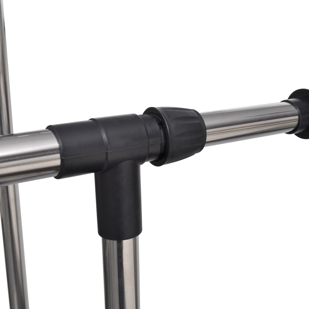 Adjustable stainless steel clothes rack with four castors and two horizontal rails.