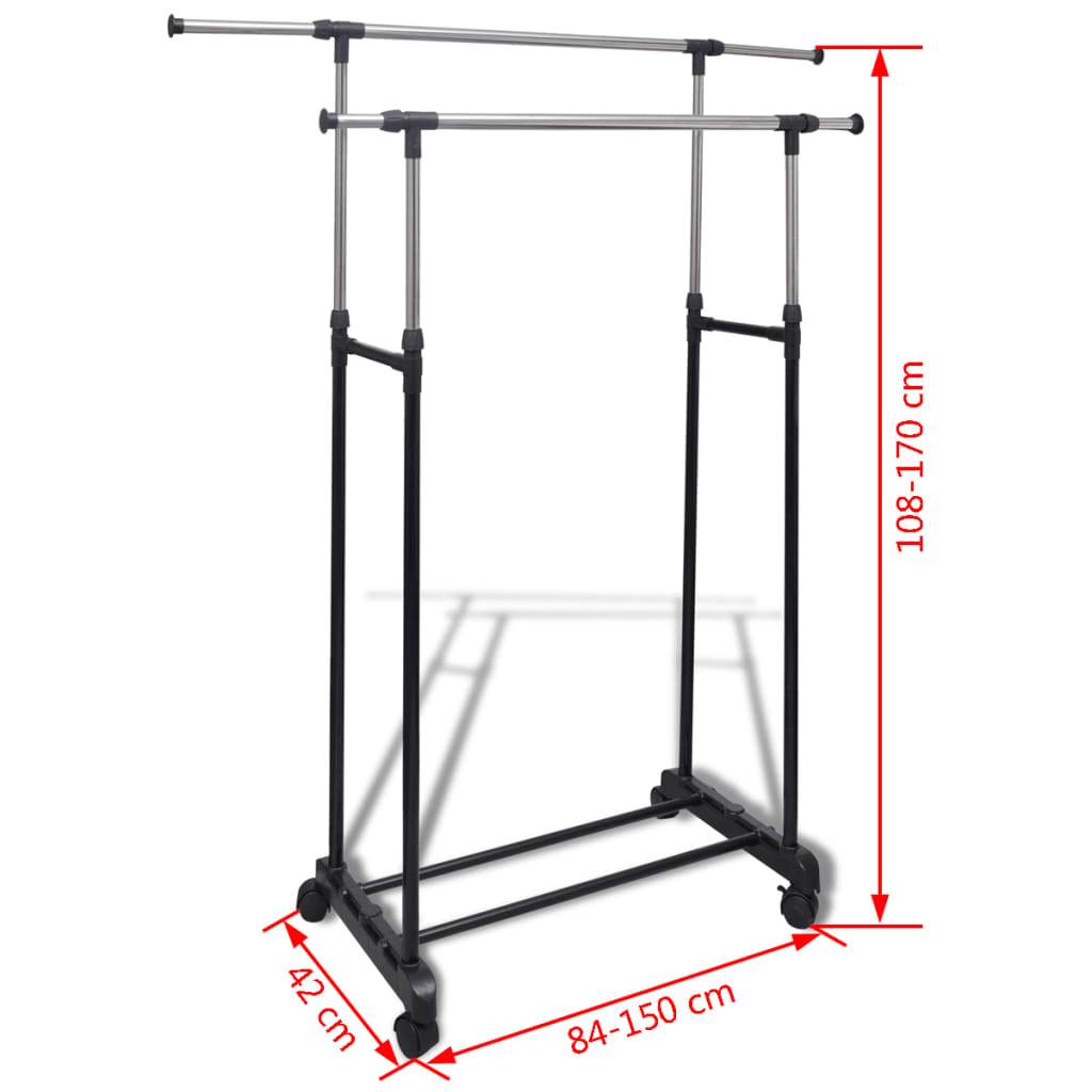 Adjustable stainless steel clothes rack with two rails, four castors, and height markings from 84-150 cm.
