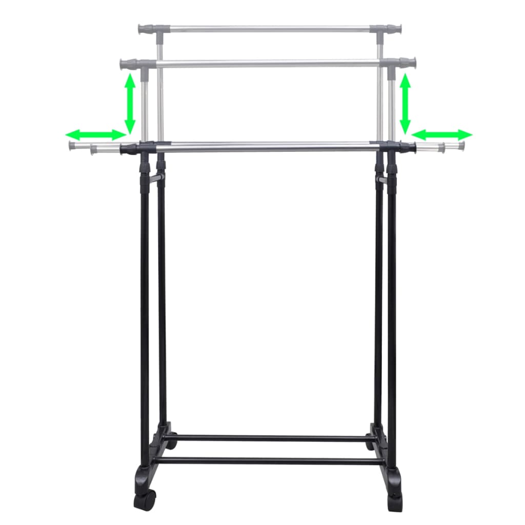 Adjustable stainless steel clothes rack with two rails, four castors, and height/width adjustment arrows.