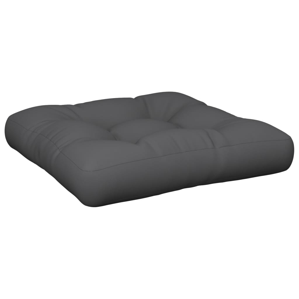 Gray polyester pallet cushion, 19.7x19.7x4.7 inches, with tufted design.