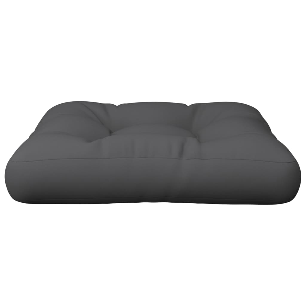Gray polyester pallet cushion, 19.7x19.7x4.7 inches, with tufted surface.