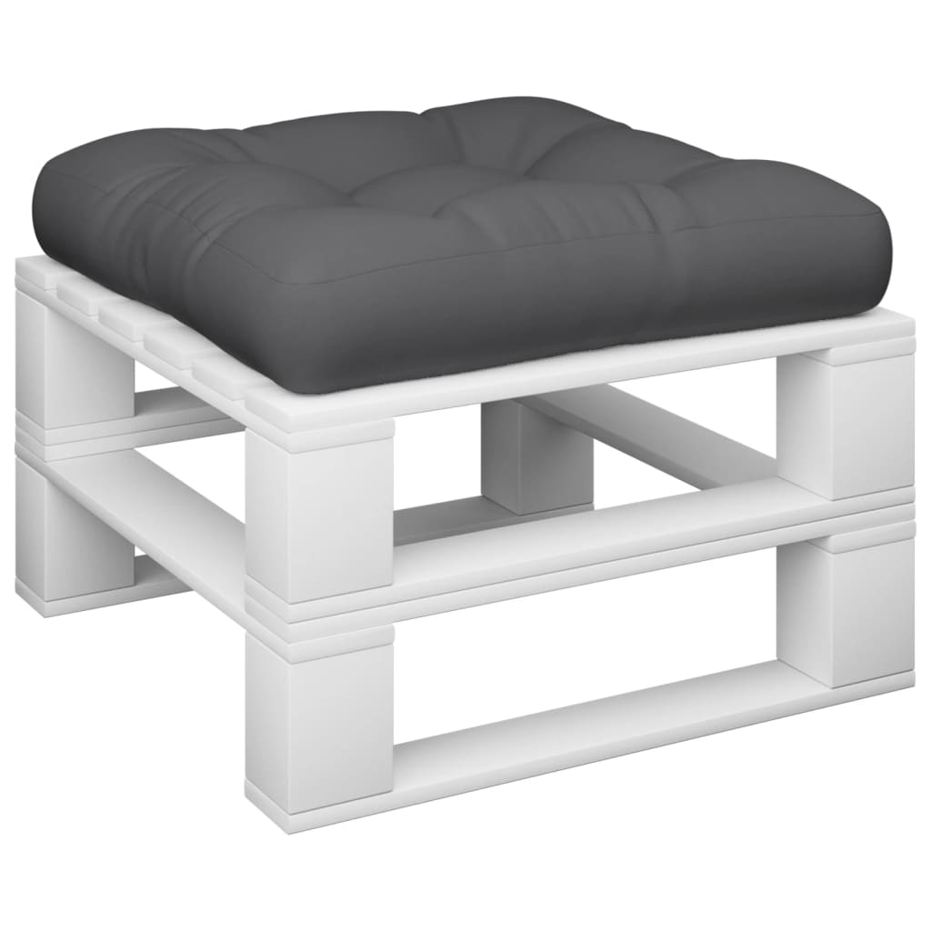 Gray polyester pallet cushion, 23.6x23.6x4.7 inches, on white pallet frame.