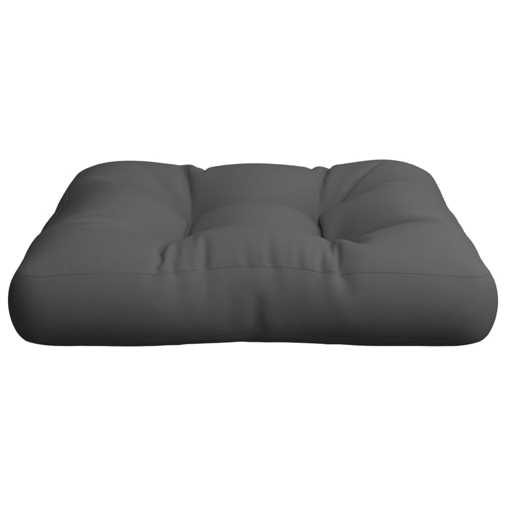 Gray polyester pallet cushion, 23.6x23.6x4.7 inches, with tufted design.