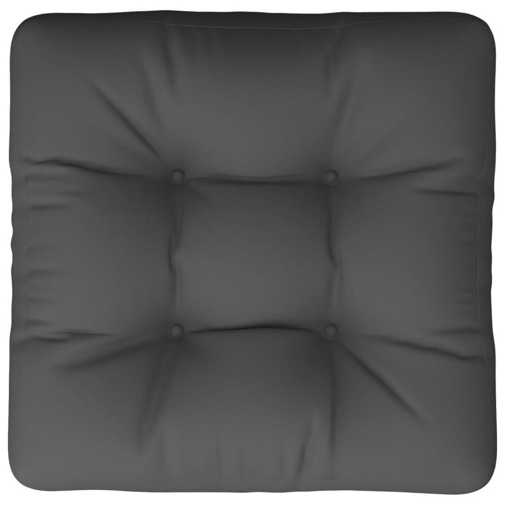 Square gray polyester pallet cushion, 23.6x23.6x4.7 inches, with tufted design.