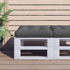 Gray polyester pallet cushion, 23.6x23.6x4.7 inches, on white pallet with plants.