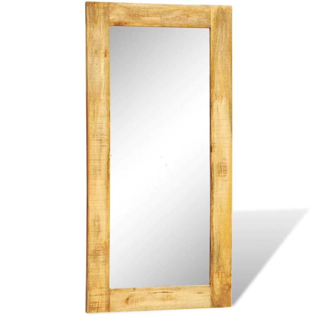 A rectangular wall mirror with a solid mango wood frame, measuring 47.2 by 23.6 inches.