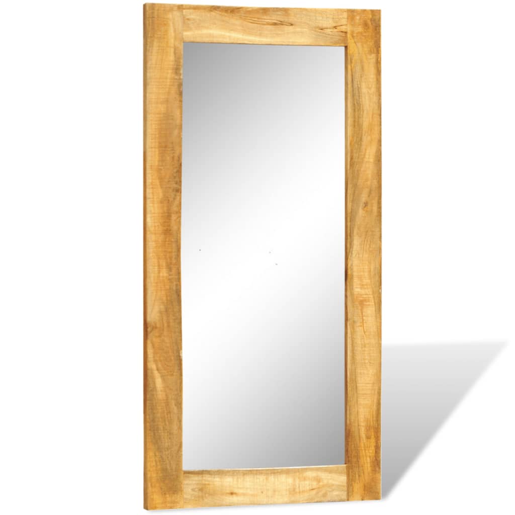 A rectangular wall mirror with a solid mango wood frame, measuring 47.2 by 23.6 inches.