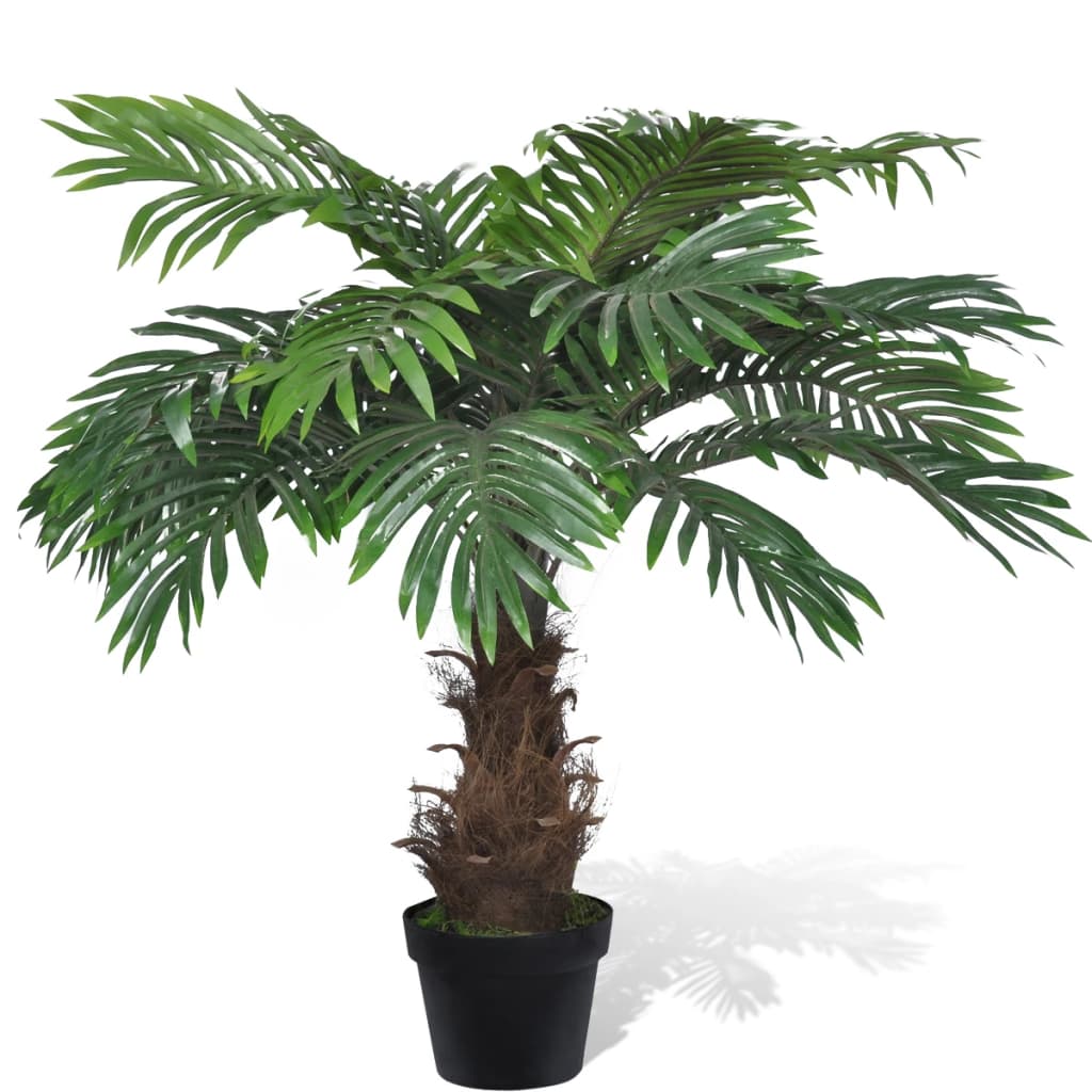 A 31-inch lifelike artificial cycas palm tree with green fronds and brown trunk in a black pot.