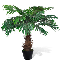 A 31-inch lifelike artificial cycas palm tree with green fronds and brown trunk in a black pot.