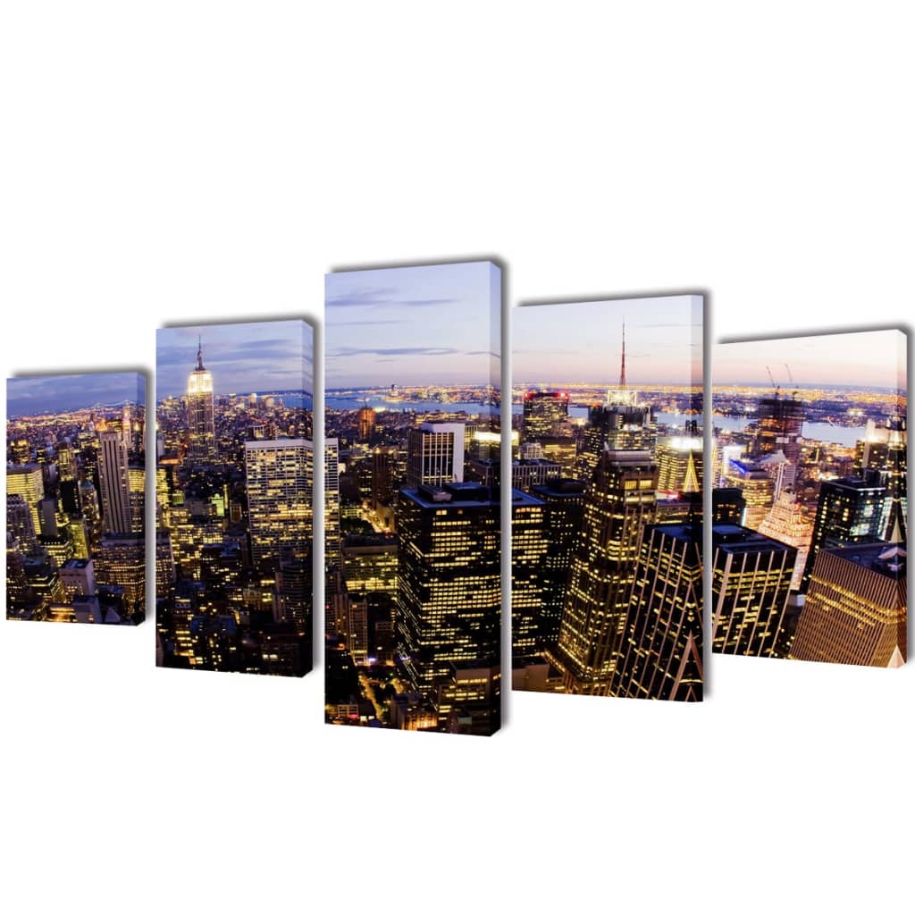 5-panel canvas wall art of New York skyline from bird's eye view, 79x39 inches.