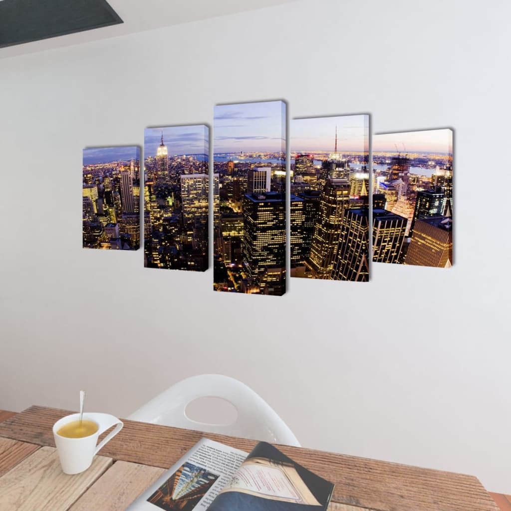 Bostome 5-panel canvas wall art showing a bird's eye view of the New York skyline at dusk