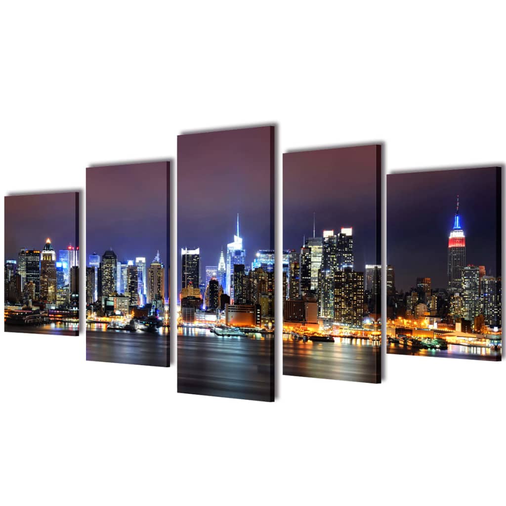 5-panel canvas wall art set depicting a colorful nighttime New York City skyline.