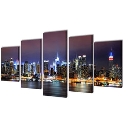5-panel canvas wall art set depicting a colorful nighttime New York City skyline.