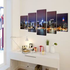 5-panel canvas wall art set depicting a colorful New York City skyline at night, measuring 79x39 inches.