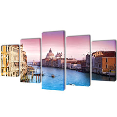5-panel canvas wall art set depicting Venice canals and architecture at sunset, 79x39 inches.
