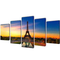 Five-panel canvas wall art print set depicting the Eiffel Tower at dusk, 79x39 inches.