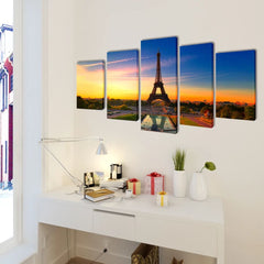 5-panel canvas wall art set featuring the Eiffel Tower at sunset, sized 79x39 inches.