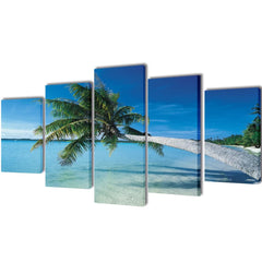 5-panel canvas wall art set depicting a tropical beach with palm trees and sand, 79x39 inches.