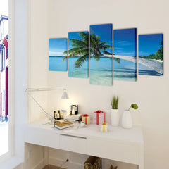 Five-panel canvas wall art featuring a sand beach and palm tree, 79 by 39 inches.