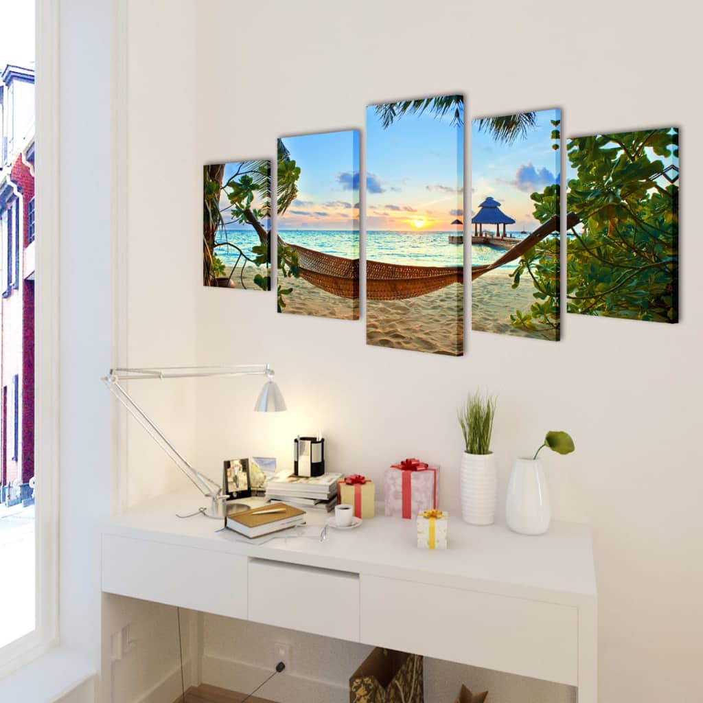 5-panel canvas wall art set depicting a tropical beach hammock at sunset, 79x39 inches.