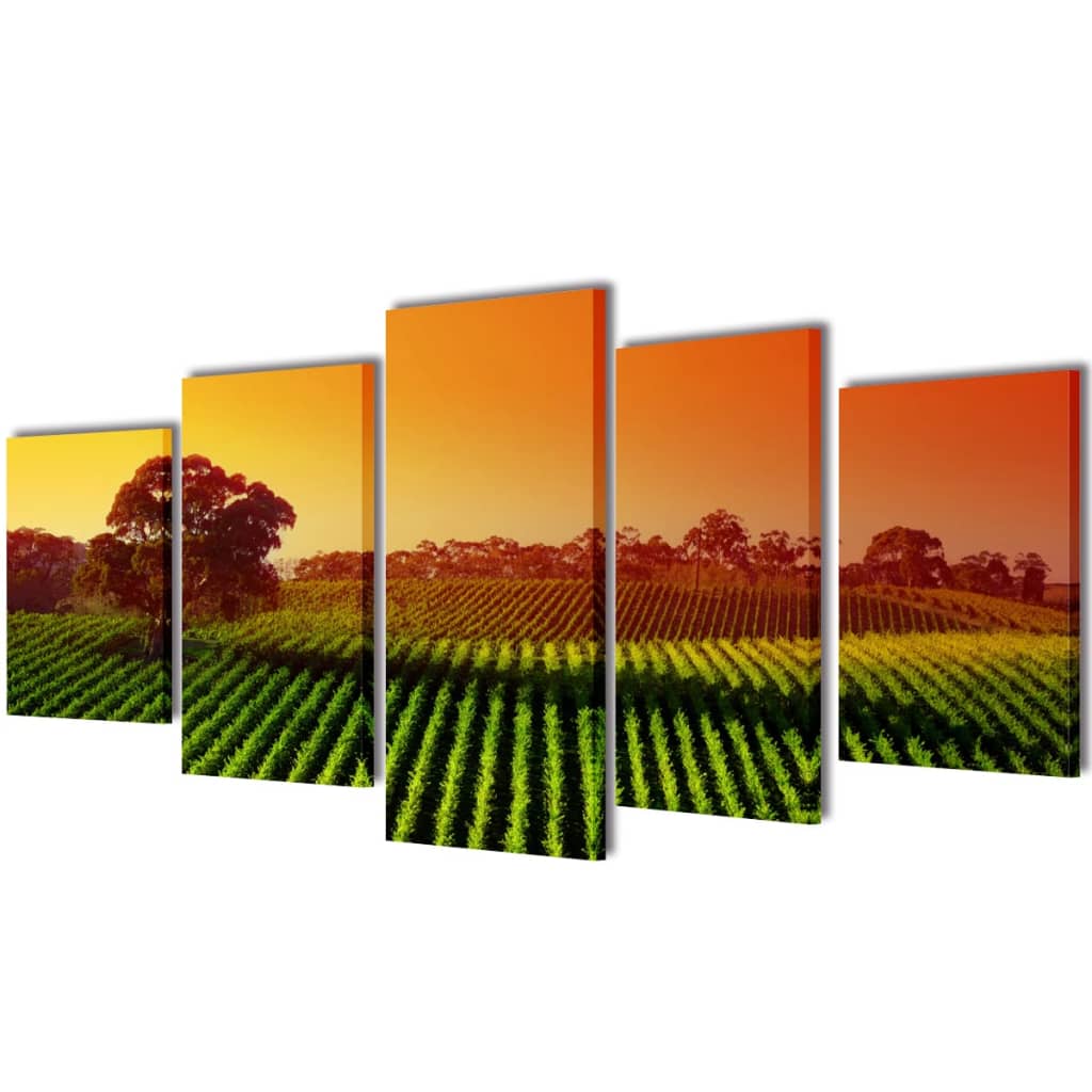 5-panel canvas wall art set depicting green fields under a sunset sky, 39x20 inches.
