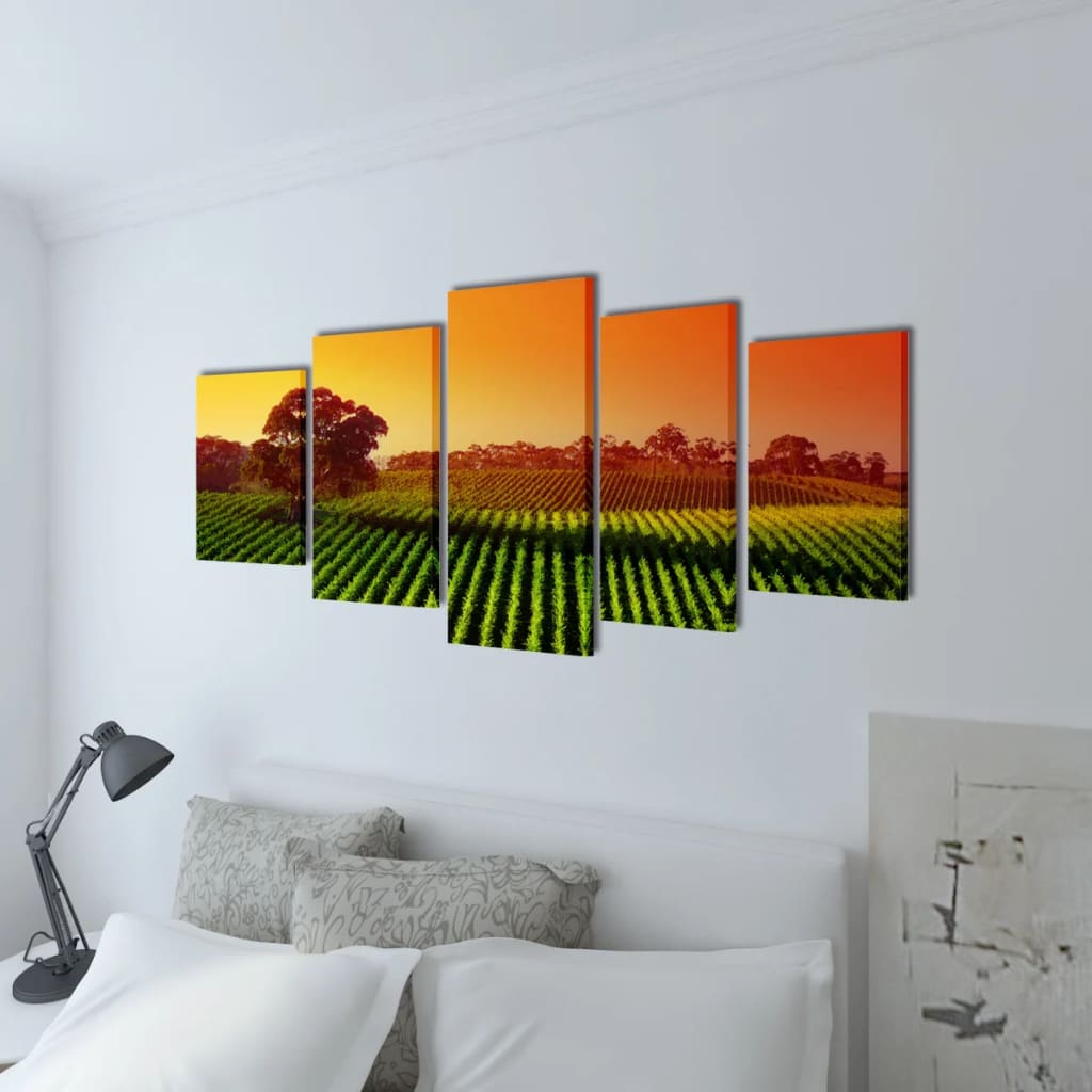 Five-panel canvas wall art print set depicting a sunset over green fields, measuring 39x20 inches.