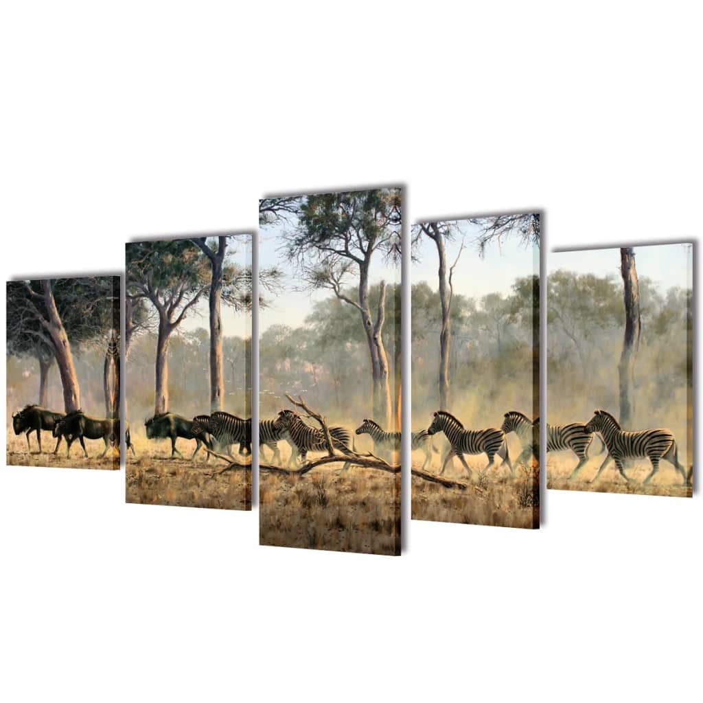 5-panel canvas wall art print set featuring zebras in a misty savanna, 39x20 inches.