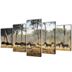 5-panel canvas wall art print set featuring zebras in a misty savanna, 39x20 inches.
