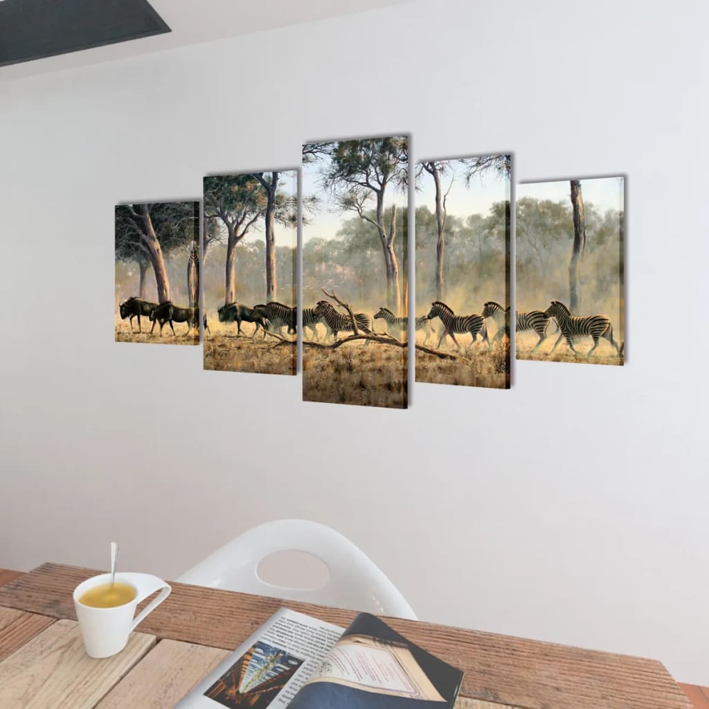 Five-panel canvas wall art featuring zebras in a natural landscape, 39x20 inches.