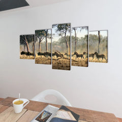 Five-panel canvas wall art featuring zebras in a natural landscape, 39x20 inches.