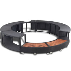 Black poly rattan hot tub surround with curved storage shelves and wooden accents.