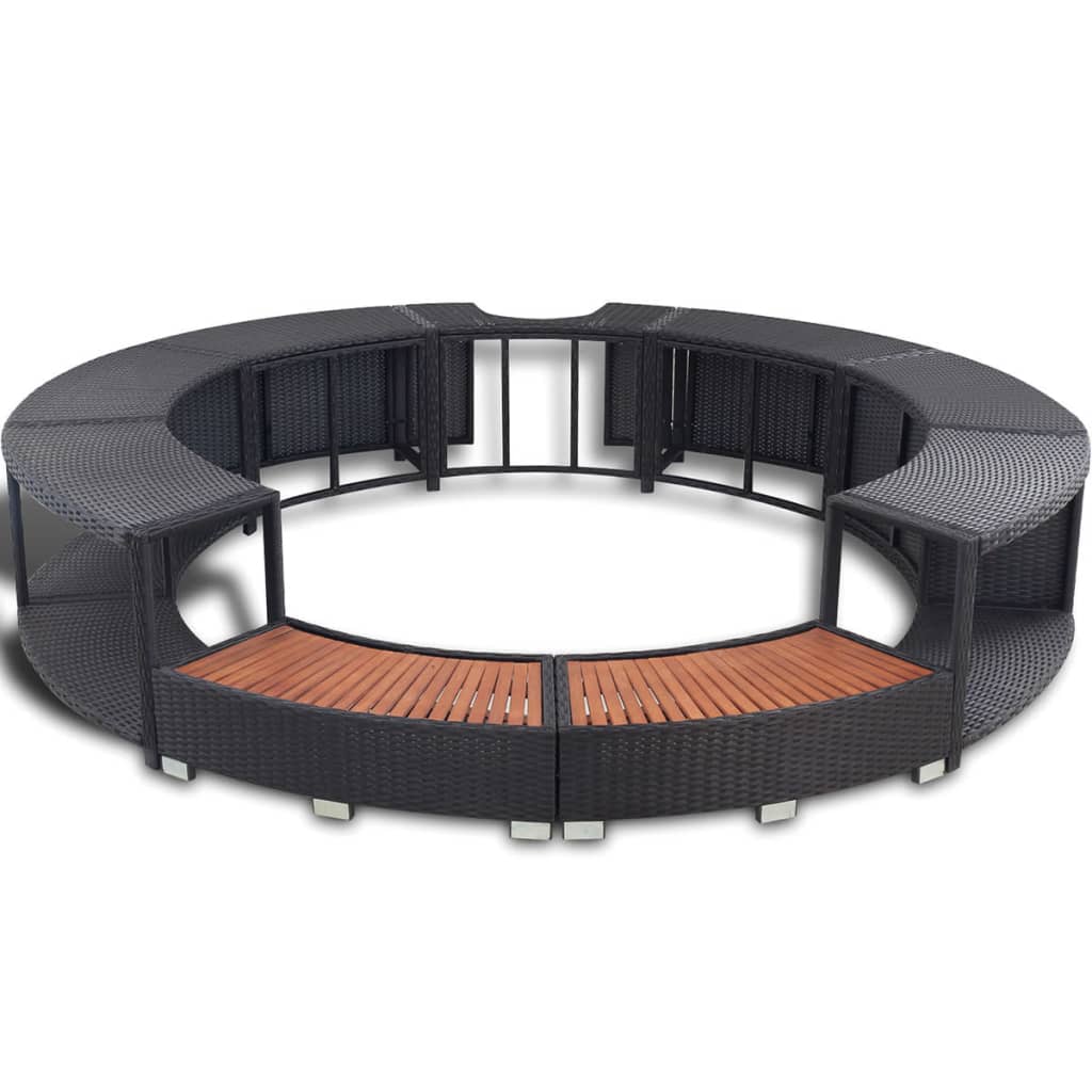 Black poly rattan 360-degree hot tub surround with wooden storage shelves and metal frame