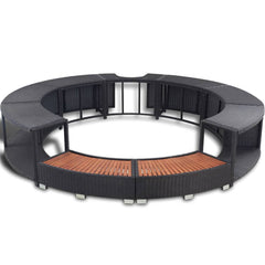 Black poly rattan 360-degree hot tub surround with wooden storage shelves and metal frame