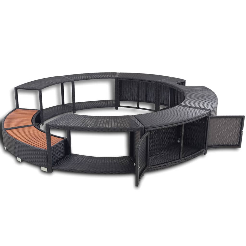 Black poly rattan hot tub surround with curved benches, storage cabinets, and orange cushions.