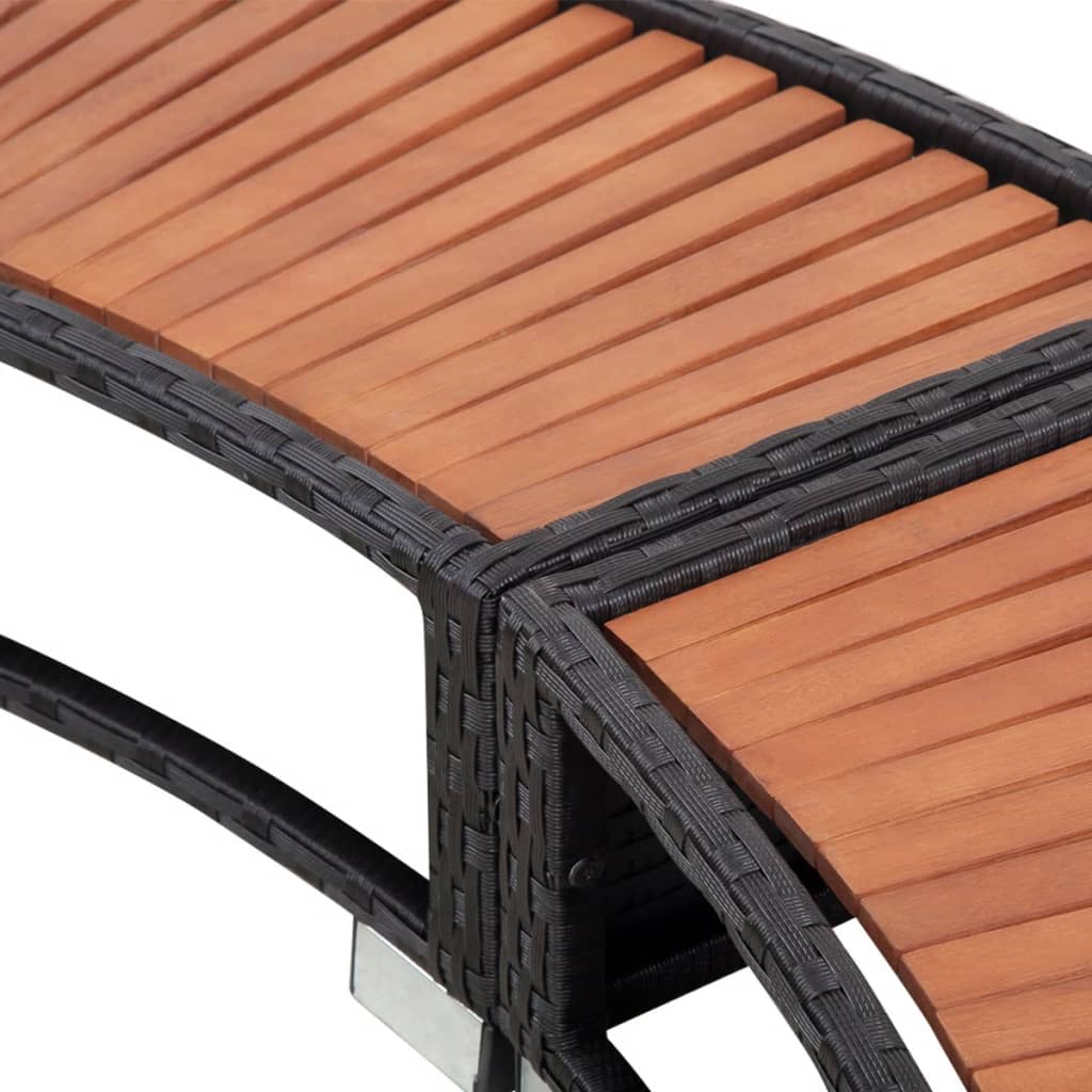 Black poly rattan hot tub surround with eucalyptus wood slats and built-in storage compartments.