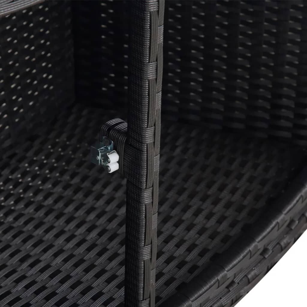 Black poly rattan hot tub surround with storage shelves and sturdy frame.