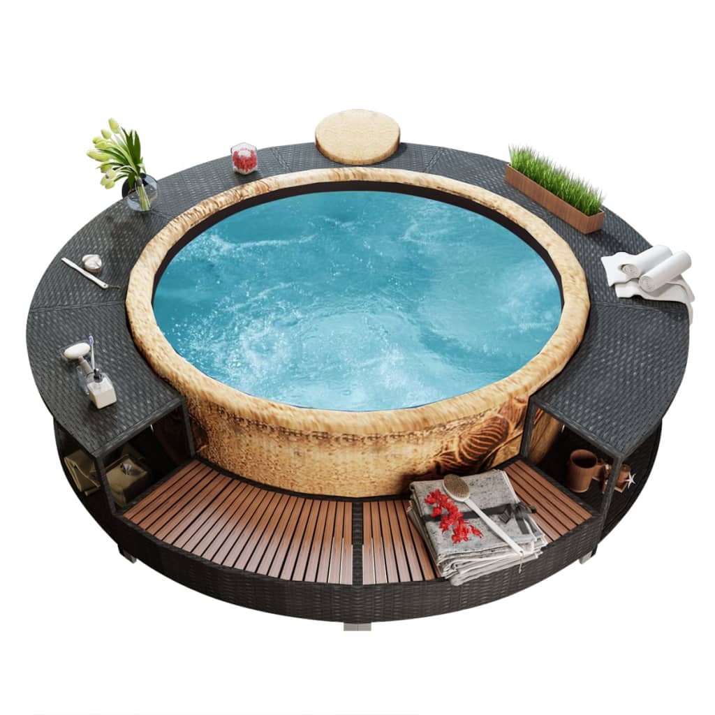 Black poly rattan hot tub surround with storage shelves and ledges around a blue spa.