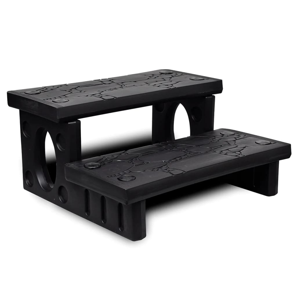 Black non-skid plastic spa steps with two treads for hot tub access.