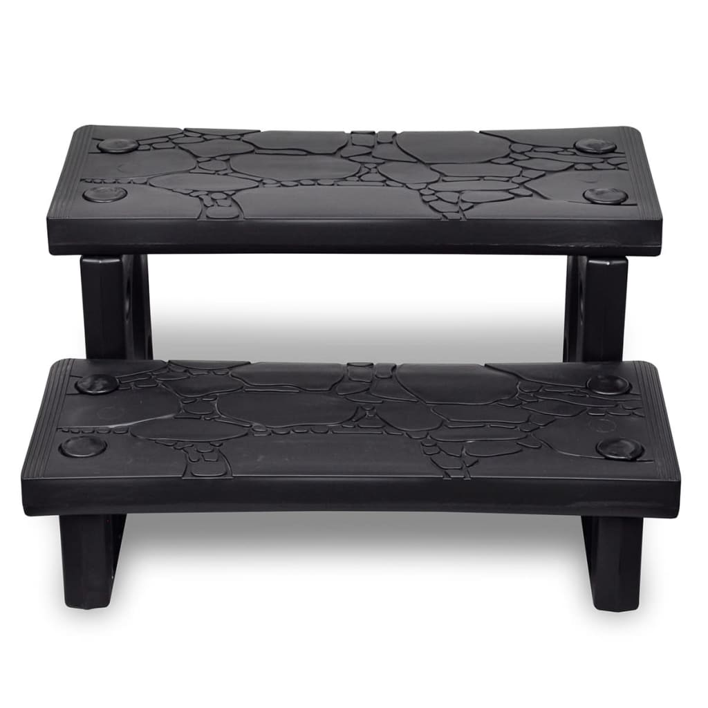 Black non-skid plastic spa steps with textured treads for hot tubs, featuring two levels and sturdy legs.