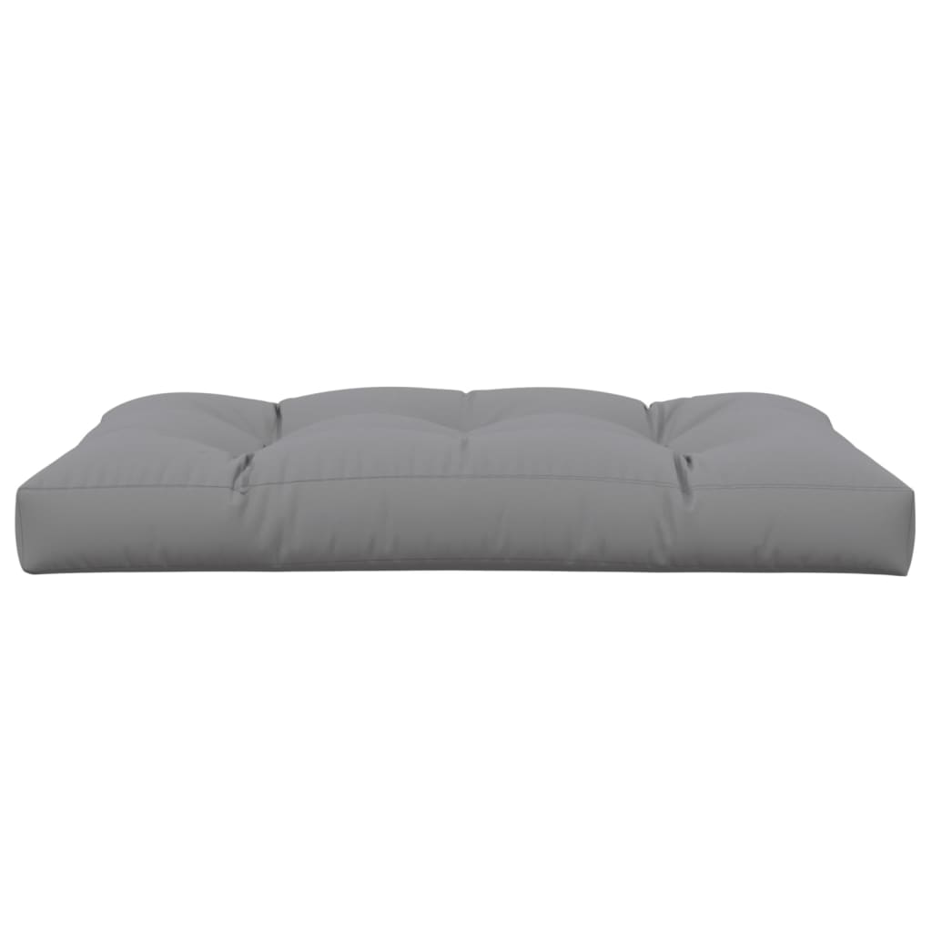 Gray polyester pallet cushion measuring 47.2 by 31.5 by 4.7 inches with tufted design.